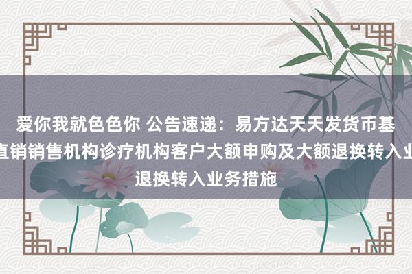 爱你我就色色你 公告速递：易方达天天发货币基金在非直销销售机构诊疗机构客户大额申购及大额退换转入业务措施